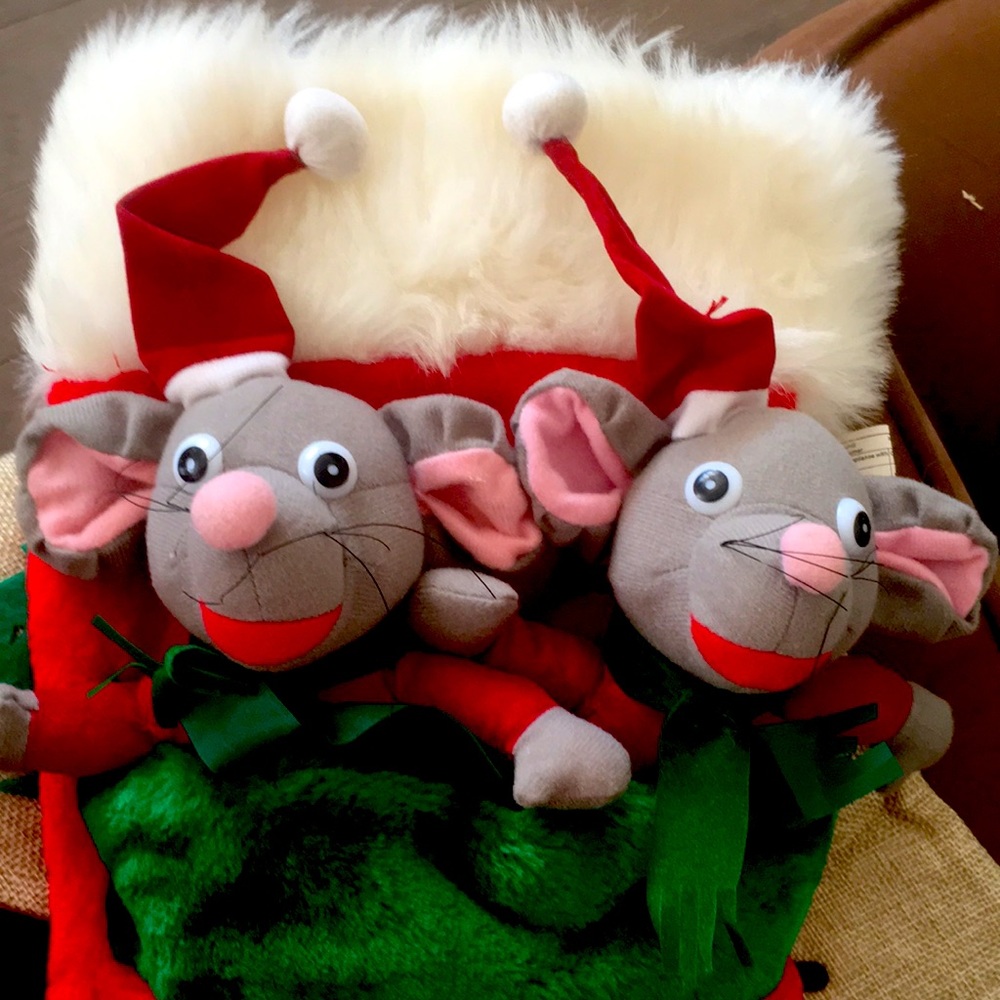 Large Christmas Stocking with 2 Plush Mice - 17"x12" - Like New!
